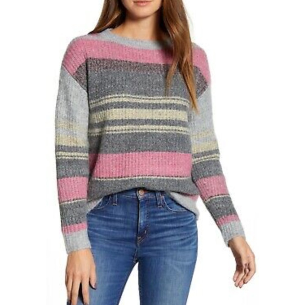 Caslon Fluffy Stripe Grey & Pink Combo Sweater Size XL